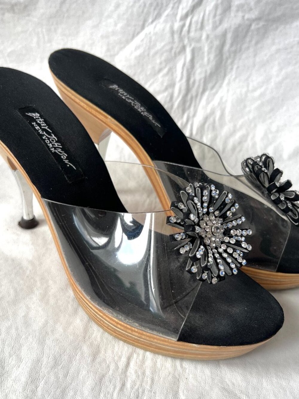 Vintage Betsey Johnson high heel sandals size 8 clear wood platform rhinestones